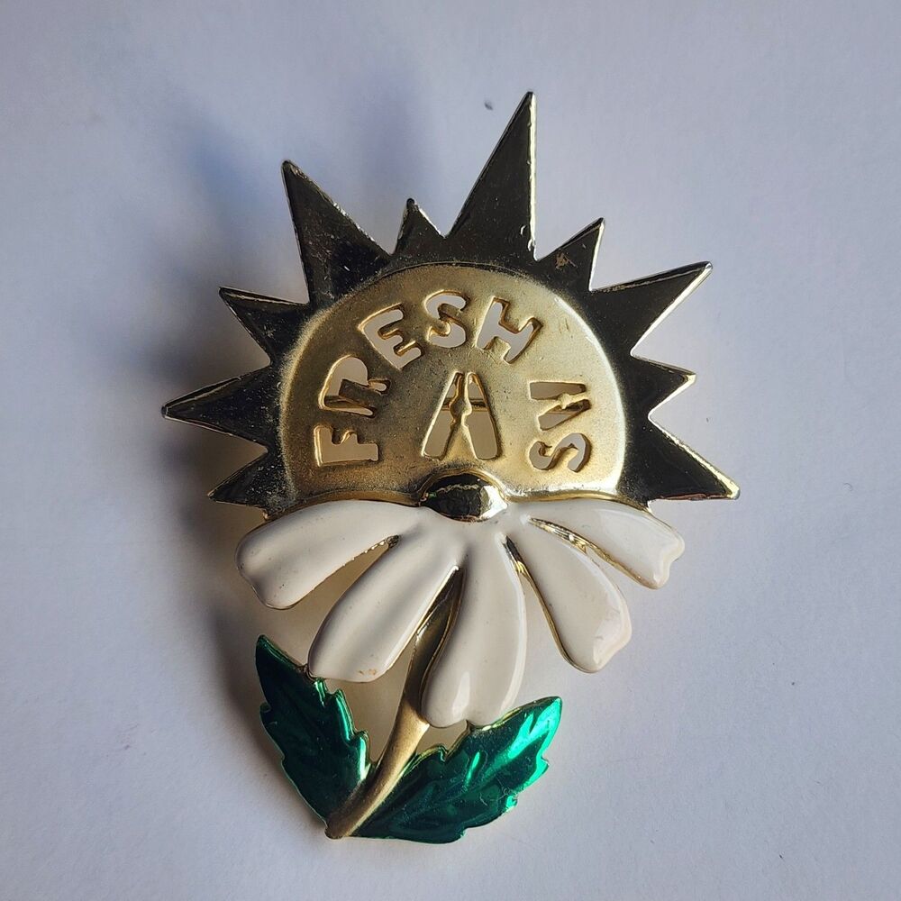 Signed AJC Vintage 1980s 2 Tone Gold Enamel Fresh As A Daisy Pin Brooch